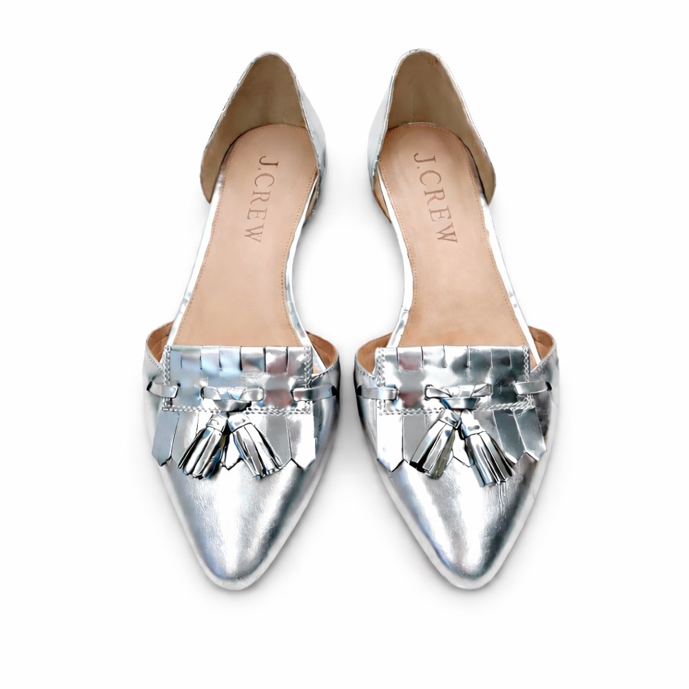 J.Crew D’Orsay Silver Mirror Metallic Tassel Loafer Flats Size 8.5